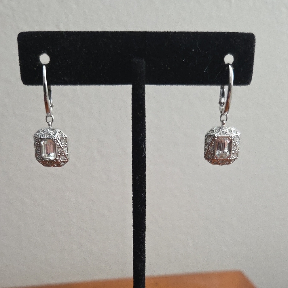 Swarovski Silver Clear Crystal Art Deco Drop Earrings